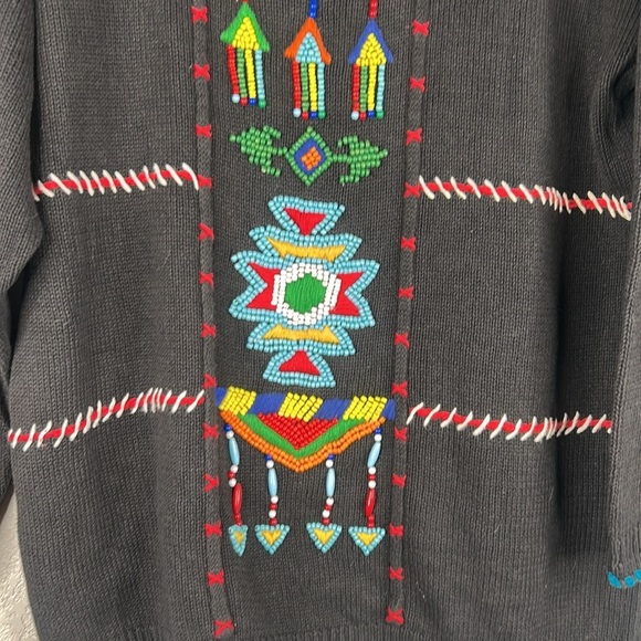 Victoria Jones Vintage Black Knit Aztec Boho Beaded Cowl Neck Sweater Size Large - Picture 3 of 8